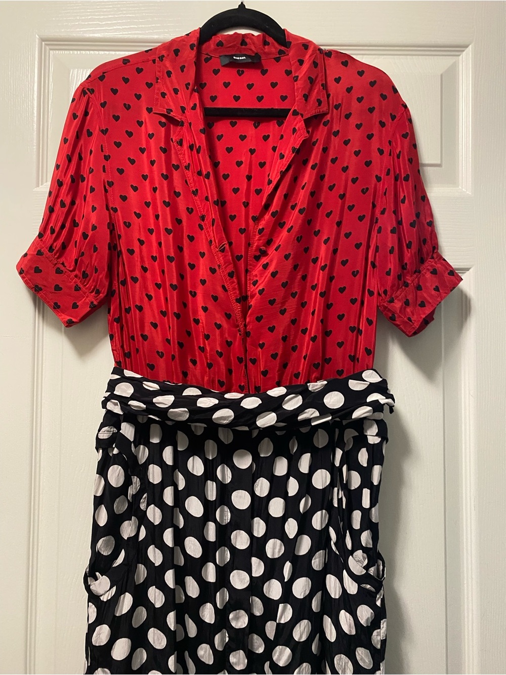 Diesel Red & Black Heart-Print Midi Dress with Polka Dot Skirt